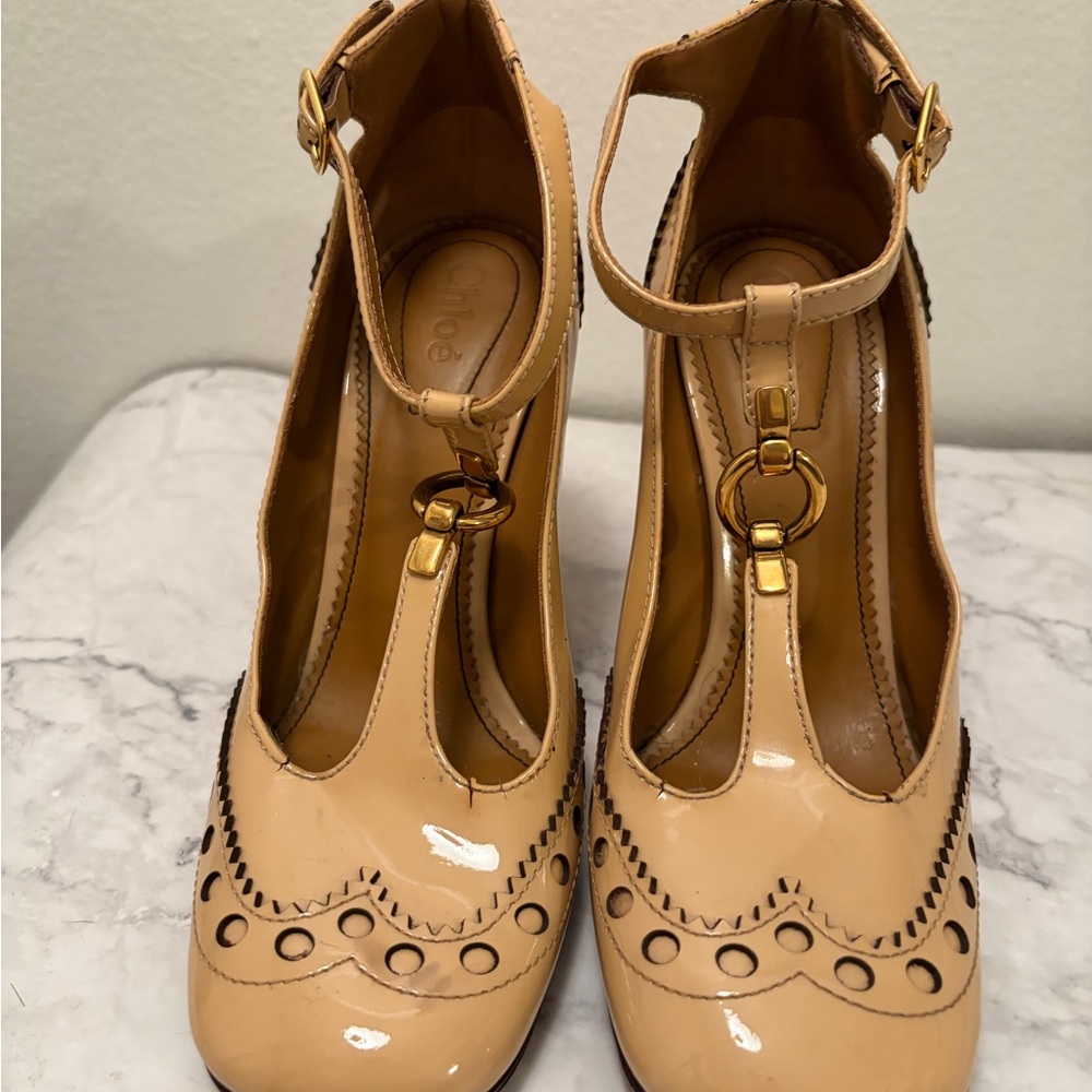 Chloe Perry pan-tent leather square heels baby doll shoes. Buckle around ankle